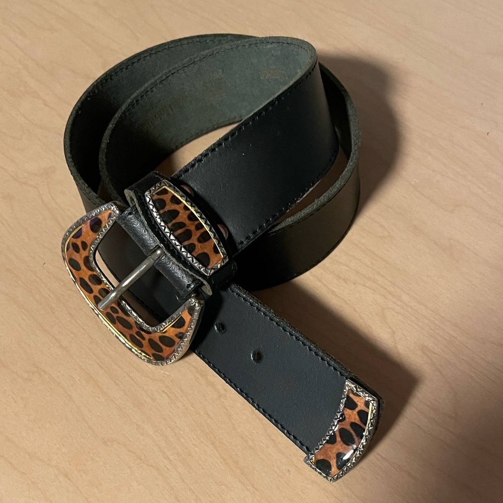 Vintage Gail Labelle Made in France Leather Belt w/Leopard buckle and tip